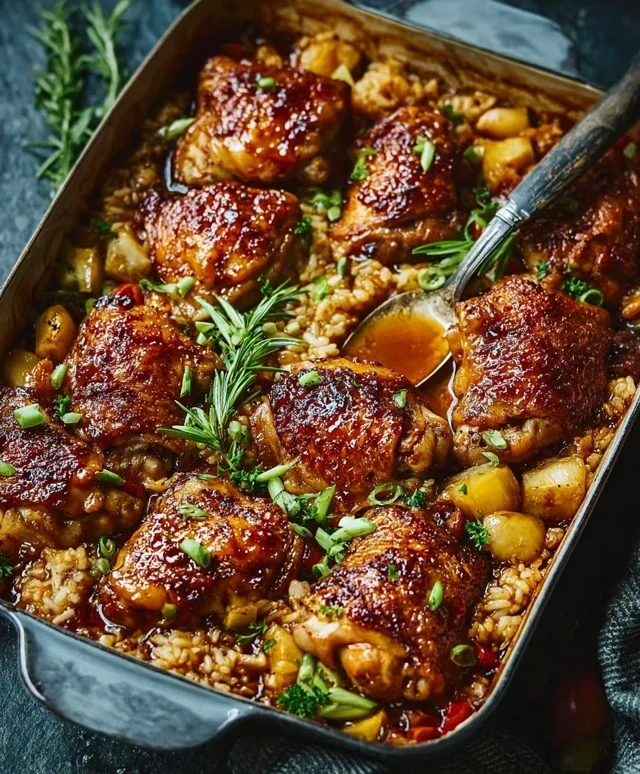 Klebriges Hähnchen mit Bratreis Auflauf einfach zubereiten