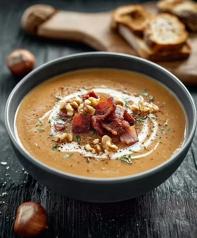 Maronensamtsuppe mit Gewuerzspeck Walnuessen