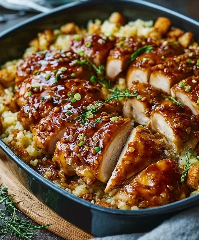 Klebriges Hähnchen mit Bratreis Auflauf einfach zubereiten