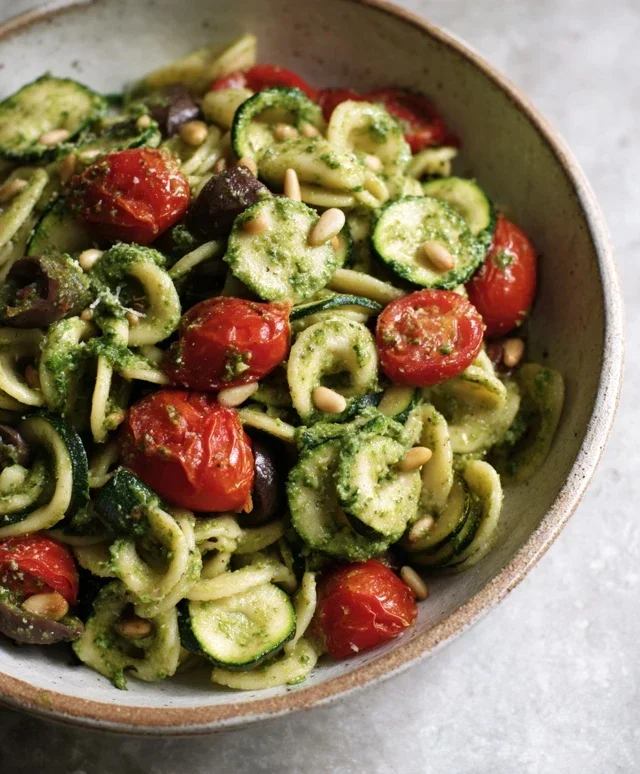 Pasta fredda con pesto di basilico, zucchine, pomodorini, olive e pinoli