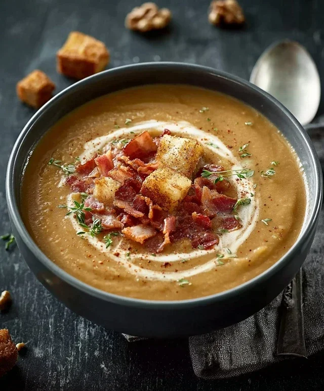 Maronensamtsuppe mit Gewuerzspeck Walnuessen