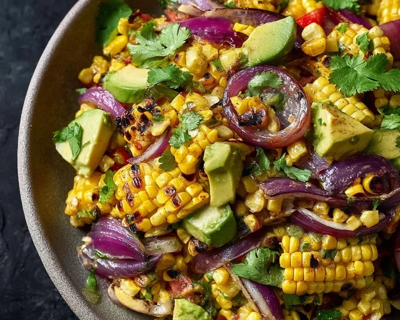 Charred Corn Avocado Salad with Roasted Red Onions