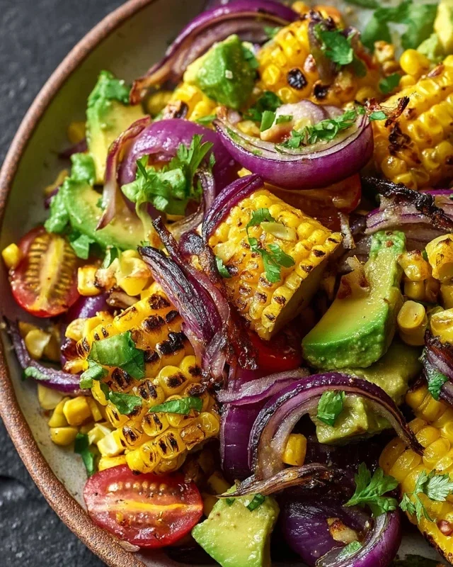 Charred Corn Avocado Salad with Roasted Red Onions