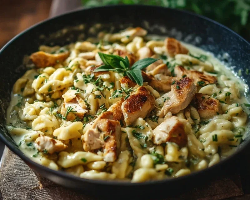 Spaetzle Pfanne Mit Haehnchen In Baerlauchrahm