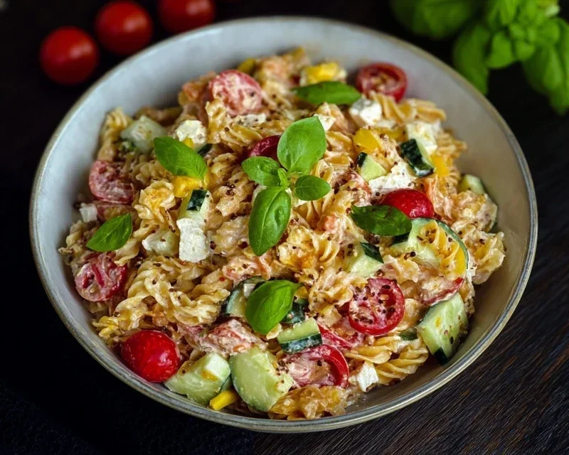 Crispy Pasta Salat mit Feta & Gemüse