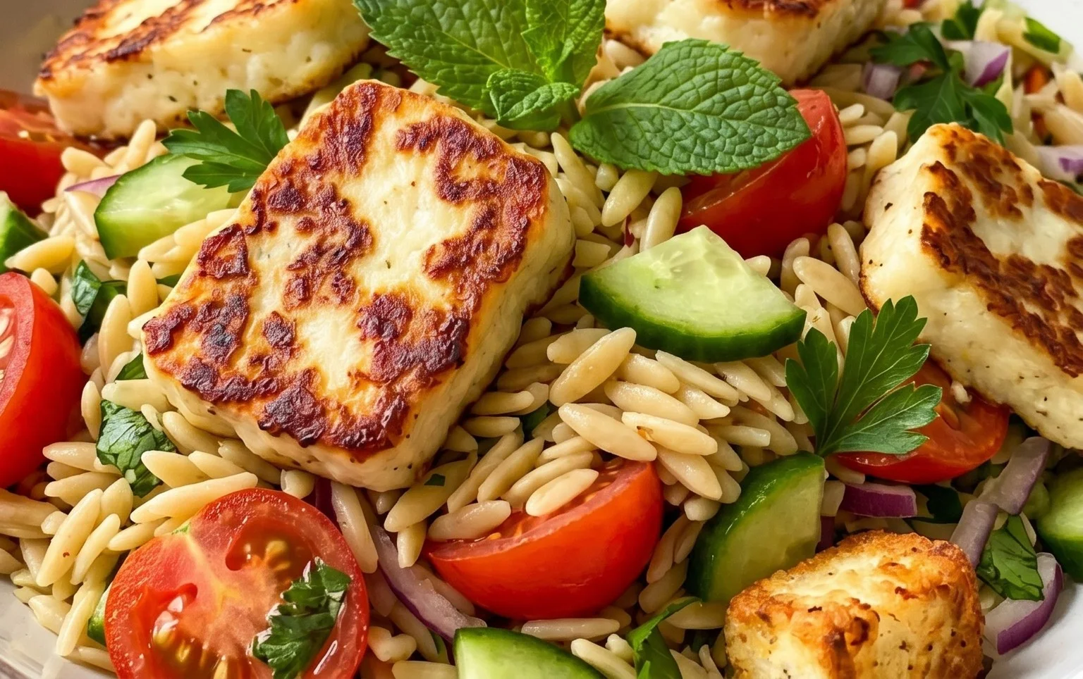 Kritharaki-Salat mit Halloumi-Croutons