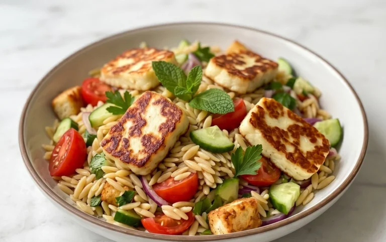 Kritharaki-Salat mit Halloumi-Croutons