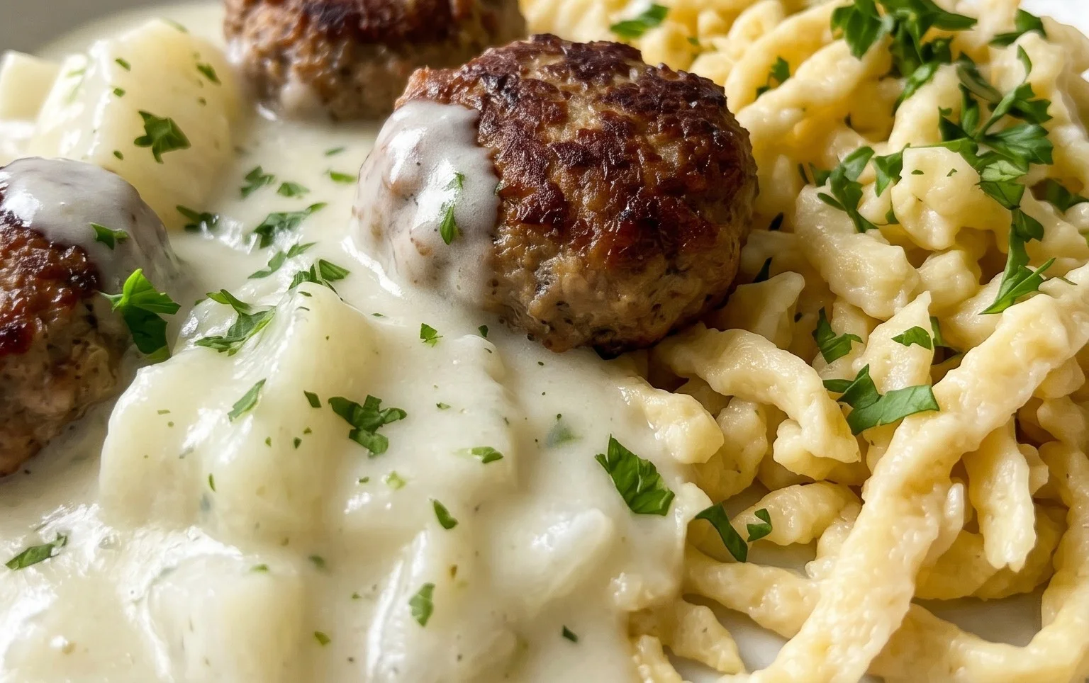 Kohlrabigemüse in heller Soße mit Frikadellen und Spätzle