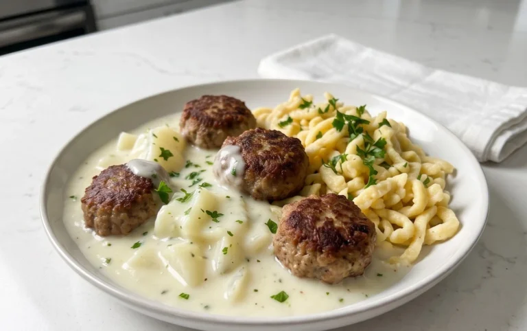 Kohlrabigemüse in heller Soße mit Frikadellen und Spätzle