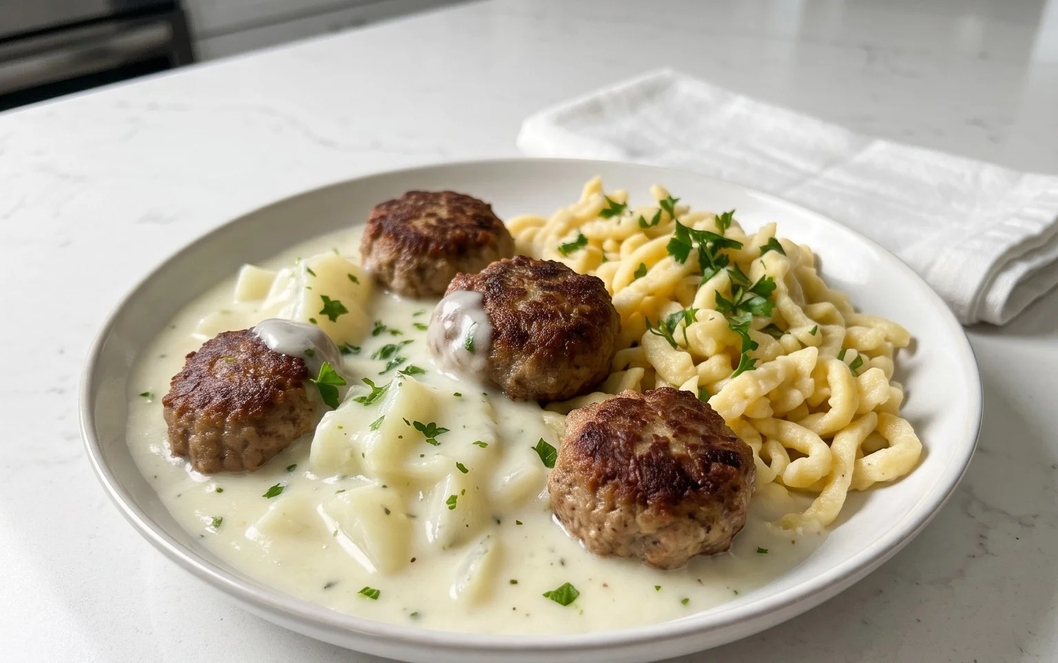 Kohlrabigemüse in heller Soße mit Frikadellen und Spätzle