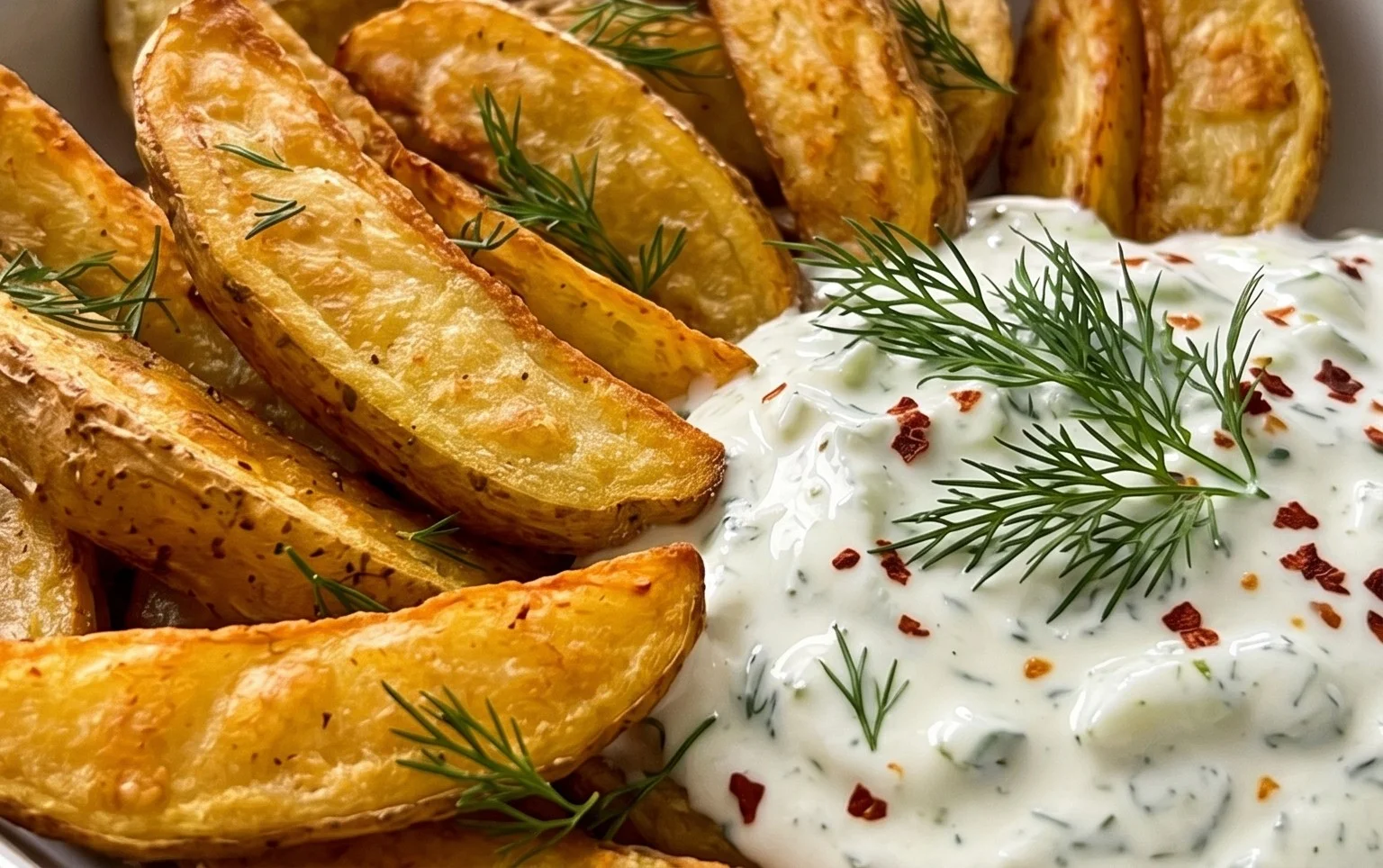 Kartoffelspalten mit Gurkendip