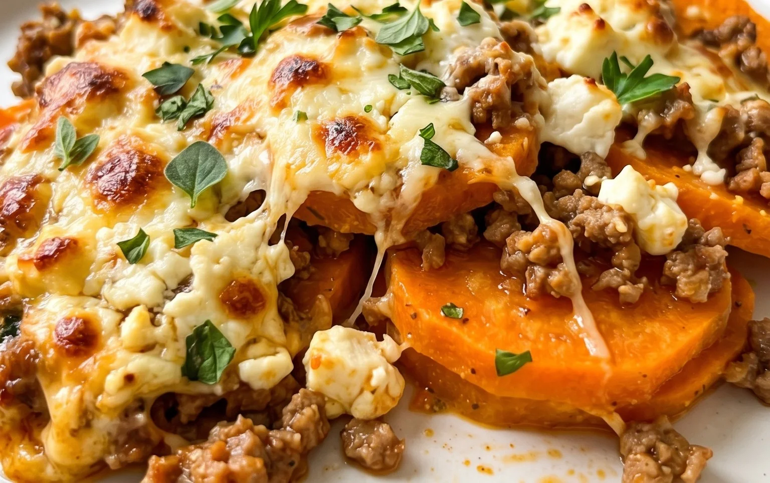 Süßkartoffel-Hackfleisch-Auflauf mit Feta