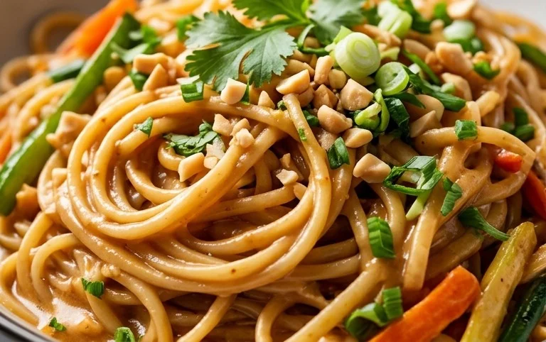 Mie Nudeln mit Erdnusssauce und Gemüse