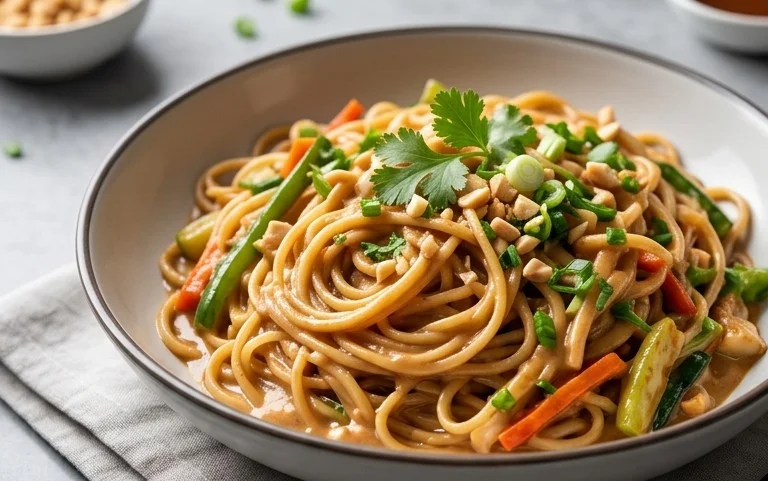 Mie Nudeln mit Erdnusssauce und Gemüse