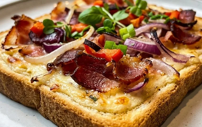 Flammkuchen Toast mit Speck und Zwiebeln