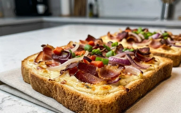 Flammkuchen Toast mit Speck und Zwiebeln