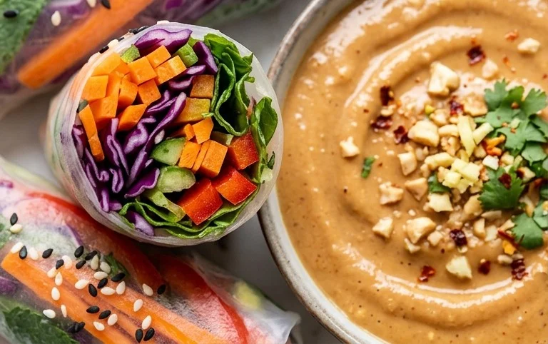 Rainbow Spring Rolls with Gin Extractger Peanut Sauce