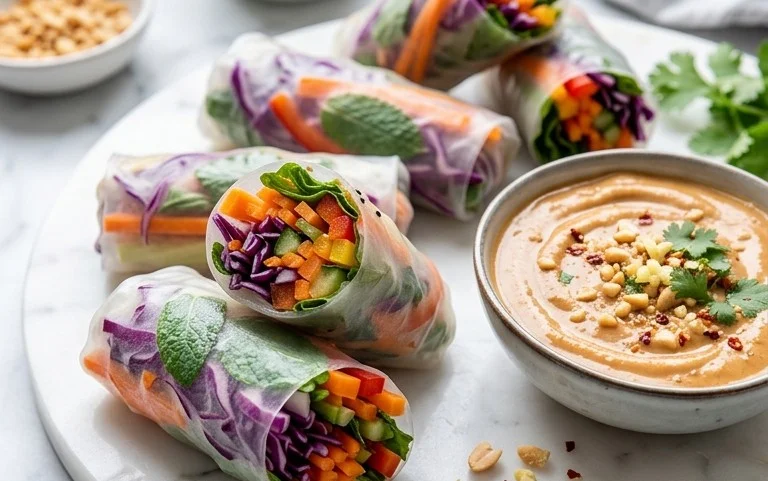 Rainbow Spring Rolls with Gin Extractger Peanut Sauce