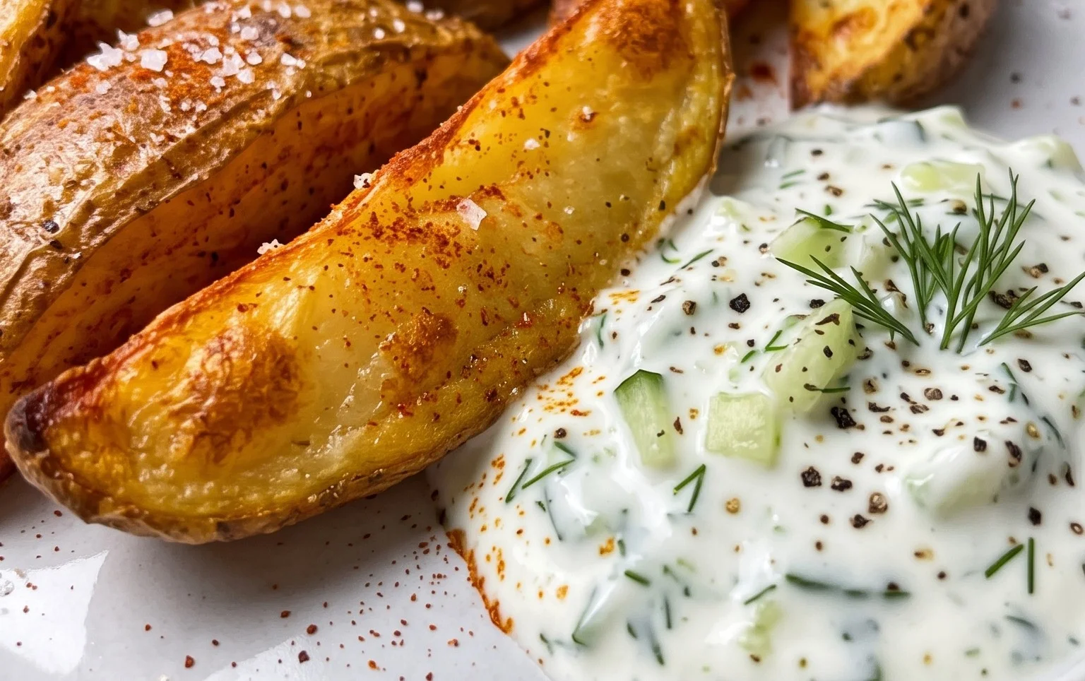 Kartoffelspalten mit Gurkendip