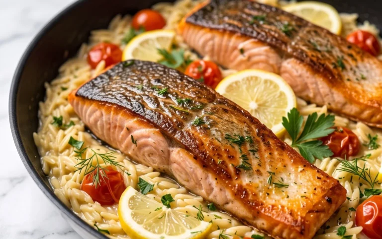 One Skillet Salmon with Lemon Orzo
