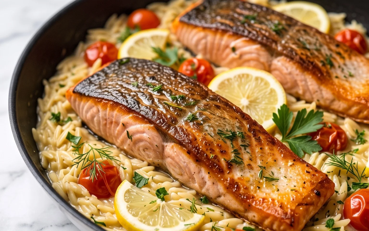 One Skillet Salmon with Lemon Orzo