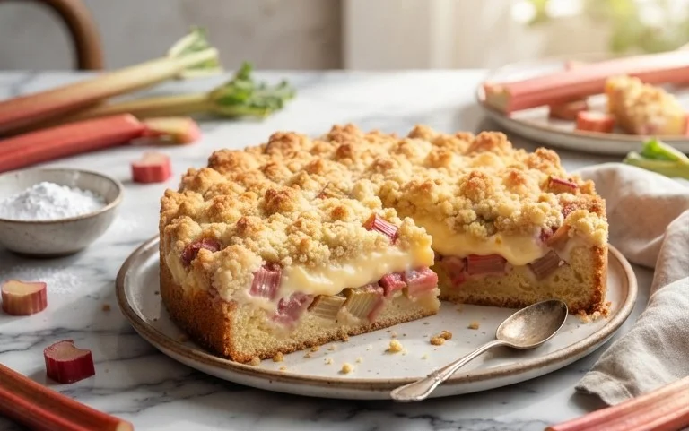 Rhabarberkuchen mit Pudding und Streuseln – wie von Oma