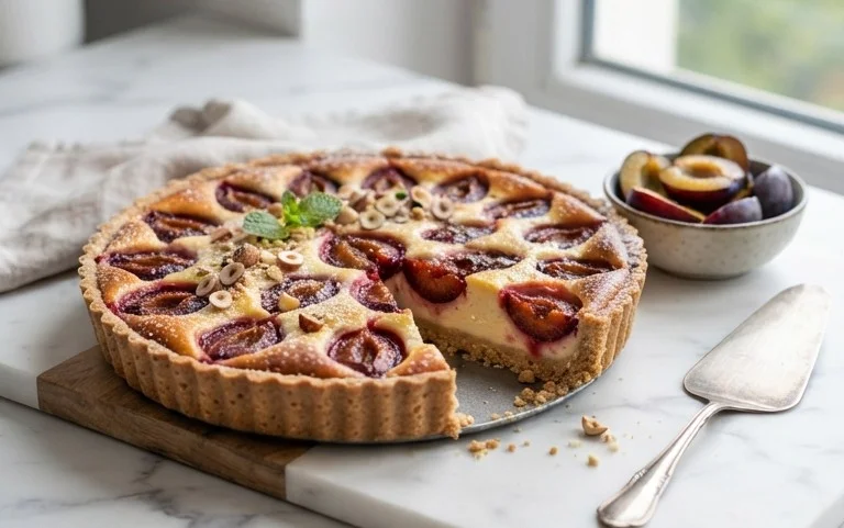 Zwetschgen-Topfenkuchen mit Nuss-Mürbteig